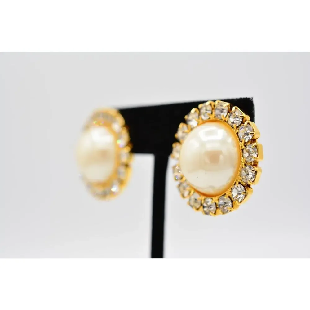 Vintage Clip On Earrings Rhinestone Crystal Pearl Gold Chunky Shiny 1980s BinAA